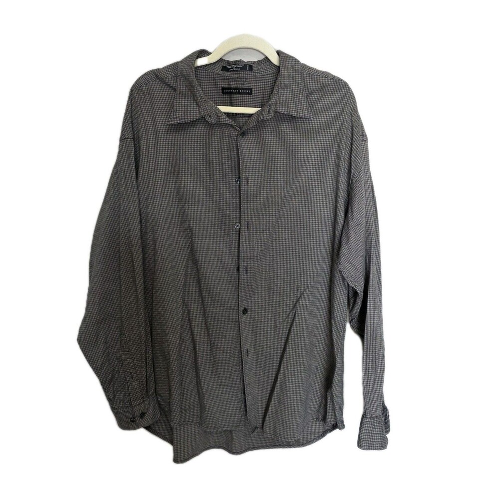 Geoffrey Beene Long Sleeve Button Down Shirt Size XL Gray Brownish Plaid Checked